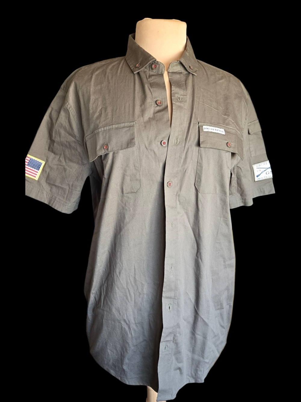 NWTs Grunt Style Olive Gray Short-Sleeve Button-Down Utility Shirt Sz M
